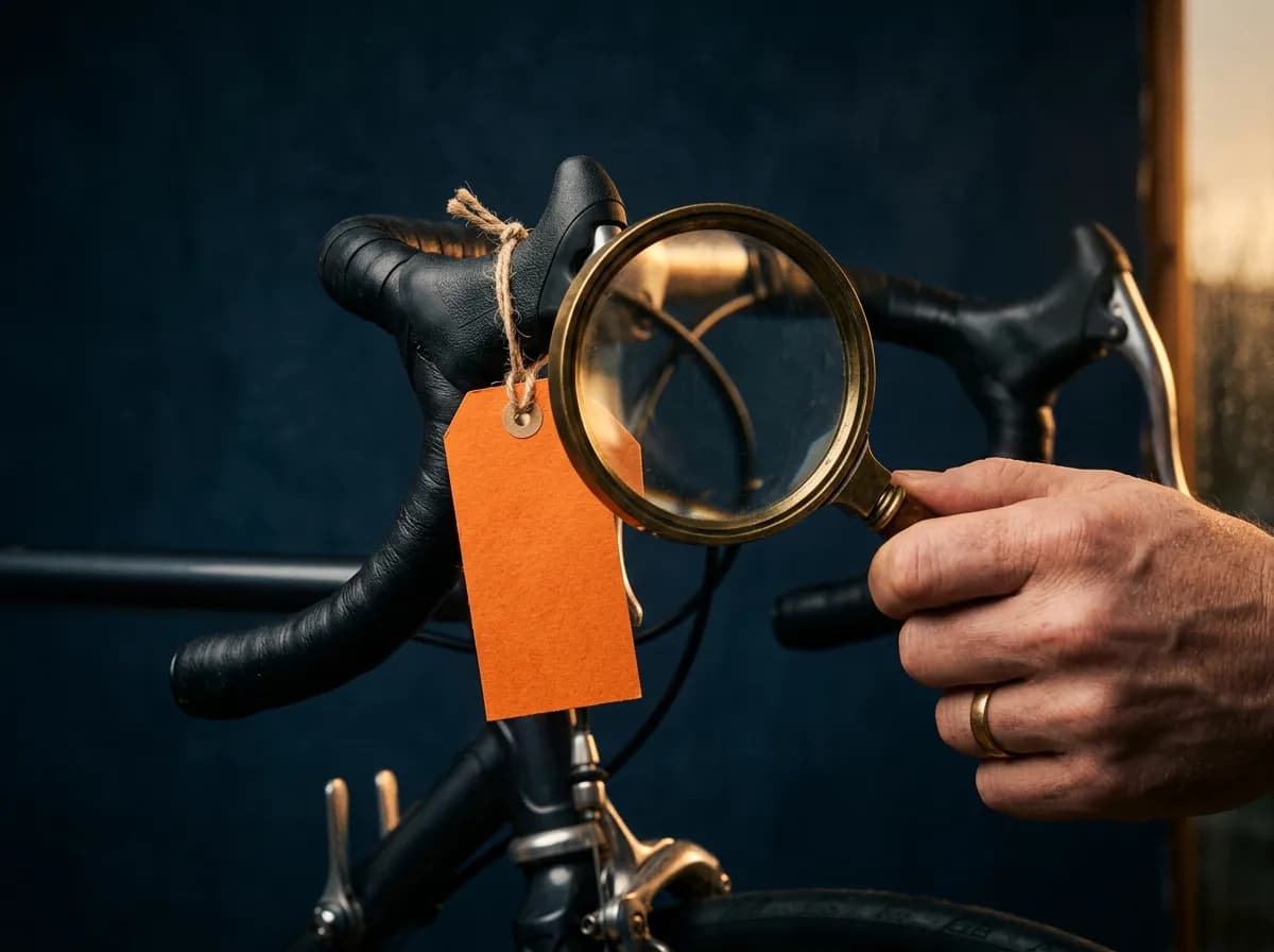 Magnifying glass held over an orange price tag on a road bike