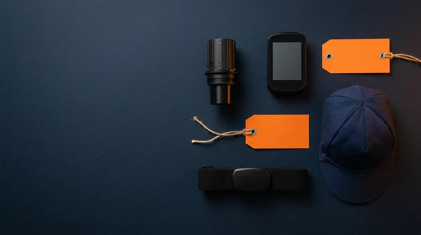 Flat lay of a bike computer, trainer cassette body, heart-rate strap and cap with orange sale tags on navy