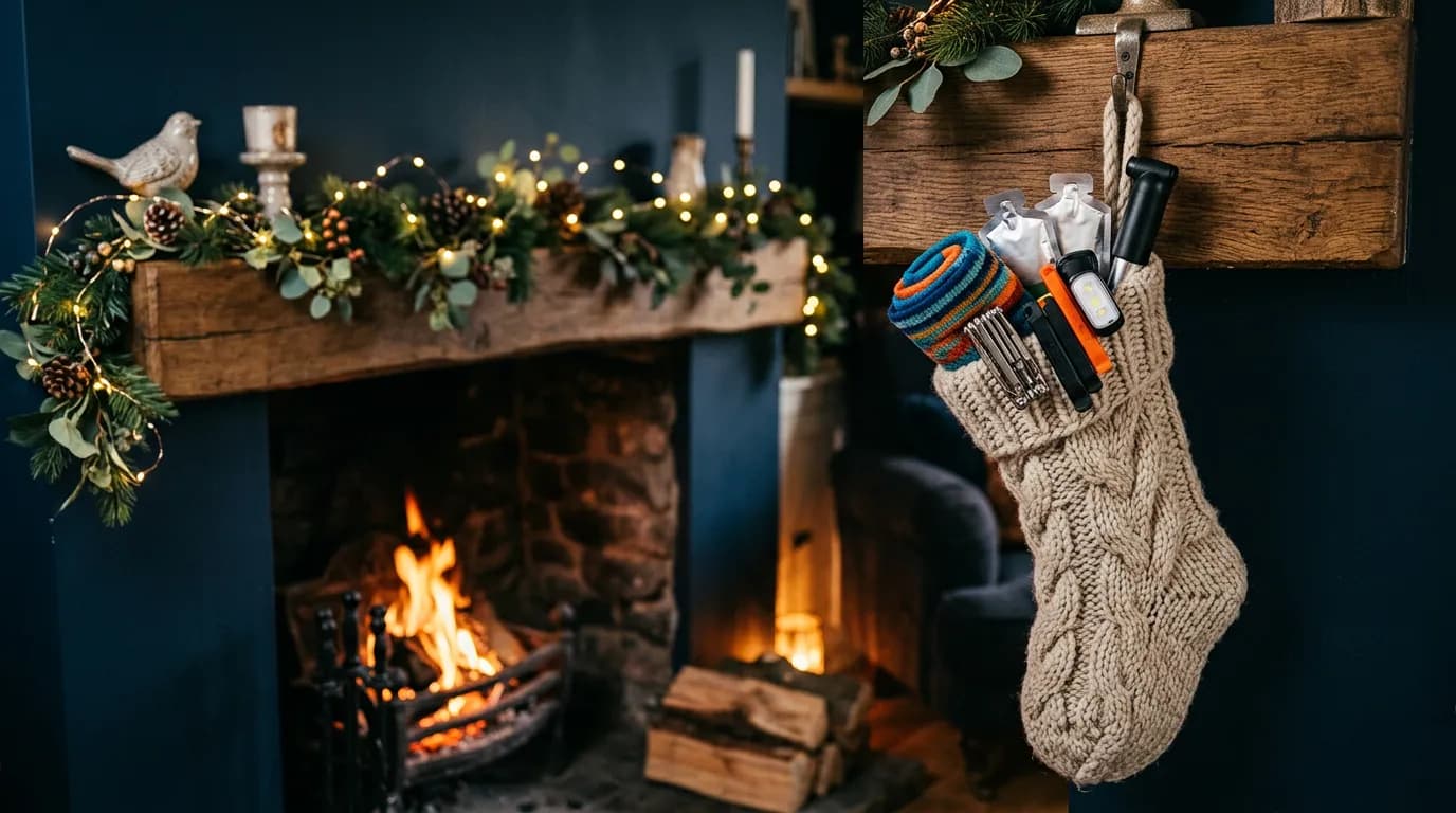 A Christmas stocking stuffed with cycling socks, a rear light, tyre levers and a multi-tool