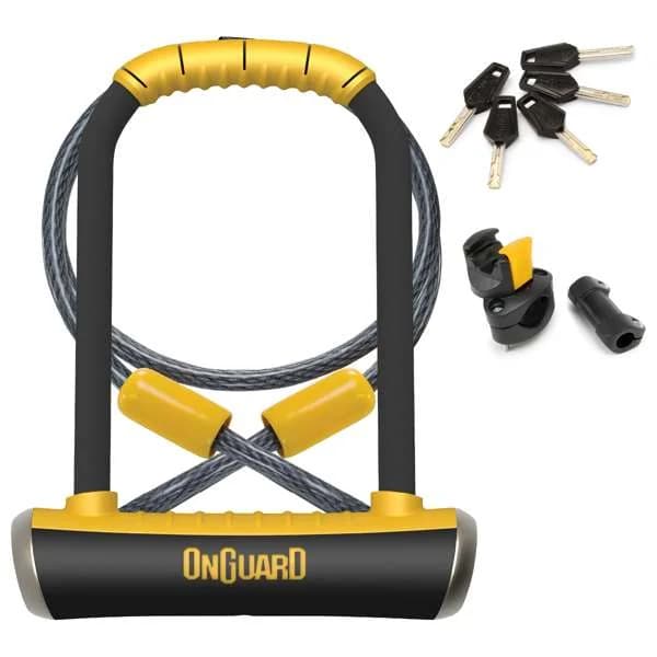 OnGuard Pitbull U-lock with yellow accents, cable and keys