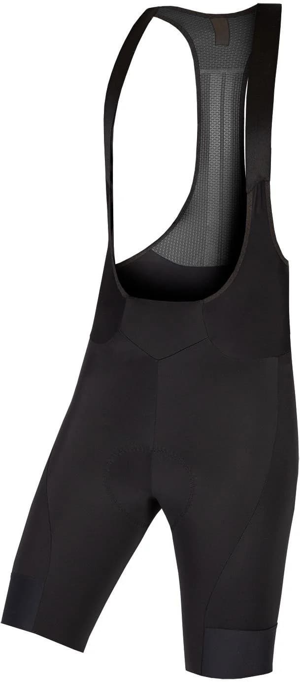 Endura FS260 bib shorts in black with mesh upper and silicone leg grippers, rear three-quarter view