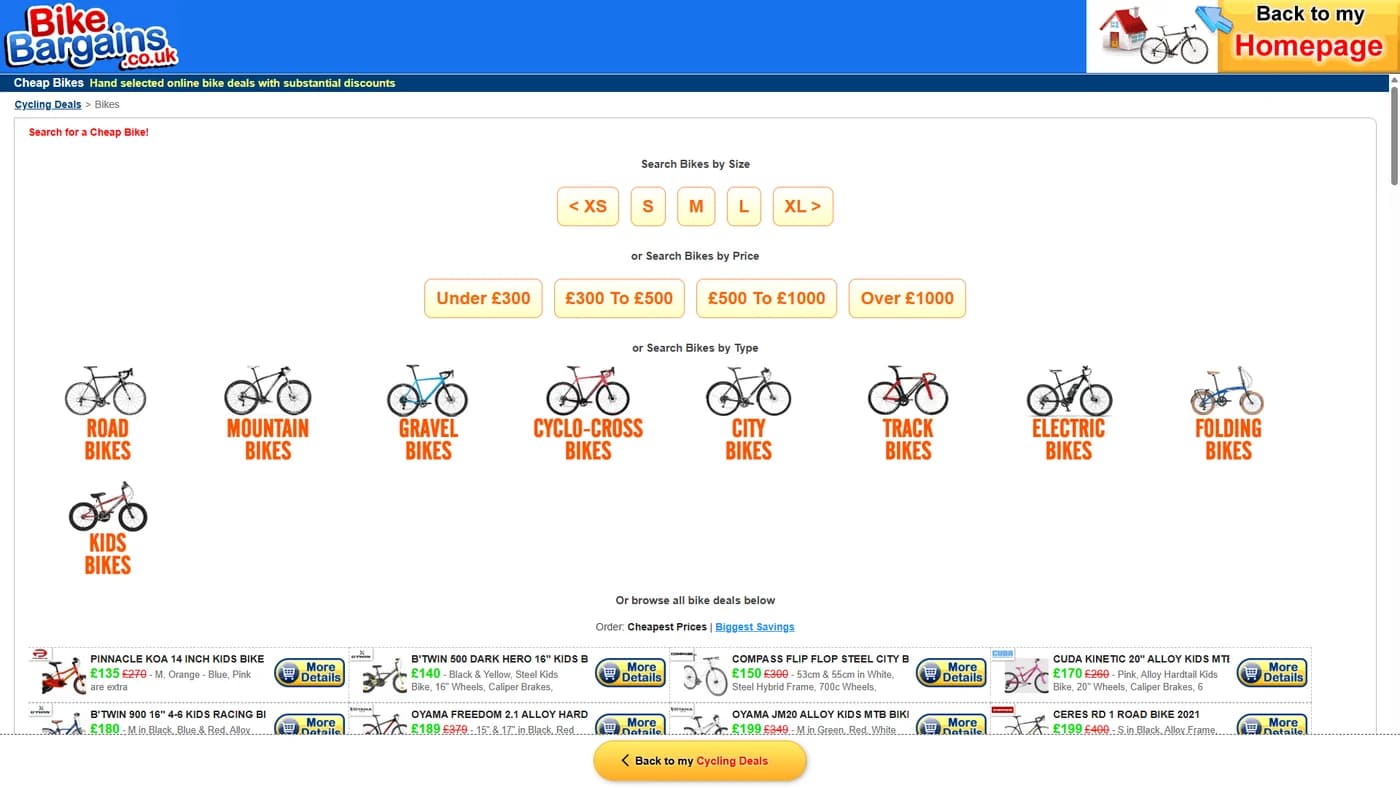 Bike Bargains cheap bikes listing with size and price filters