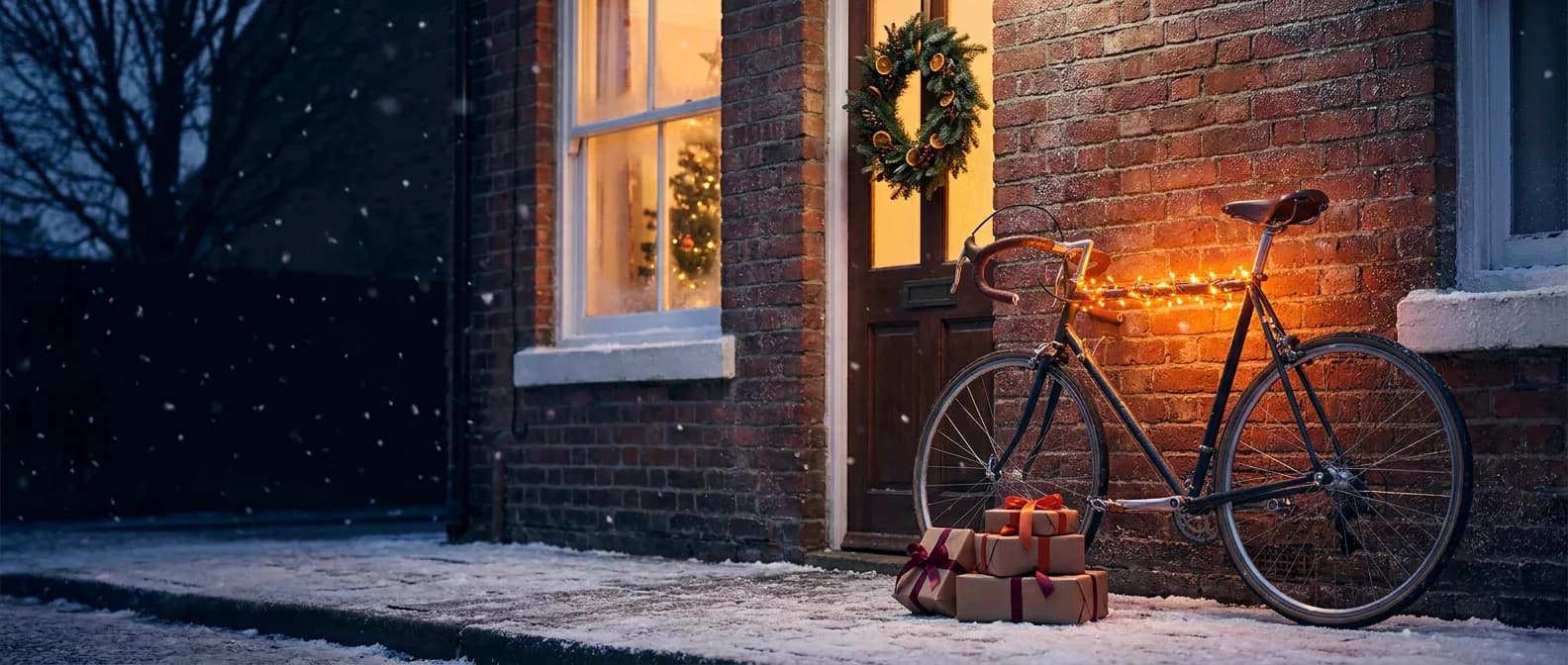 Bike wrapped in fairy lights beside a pile of presents outside a snowy brick terrace
