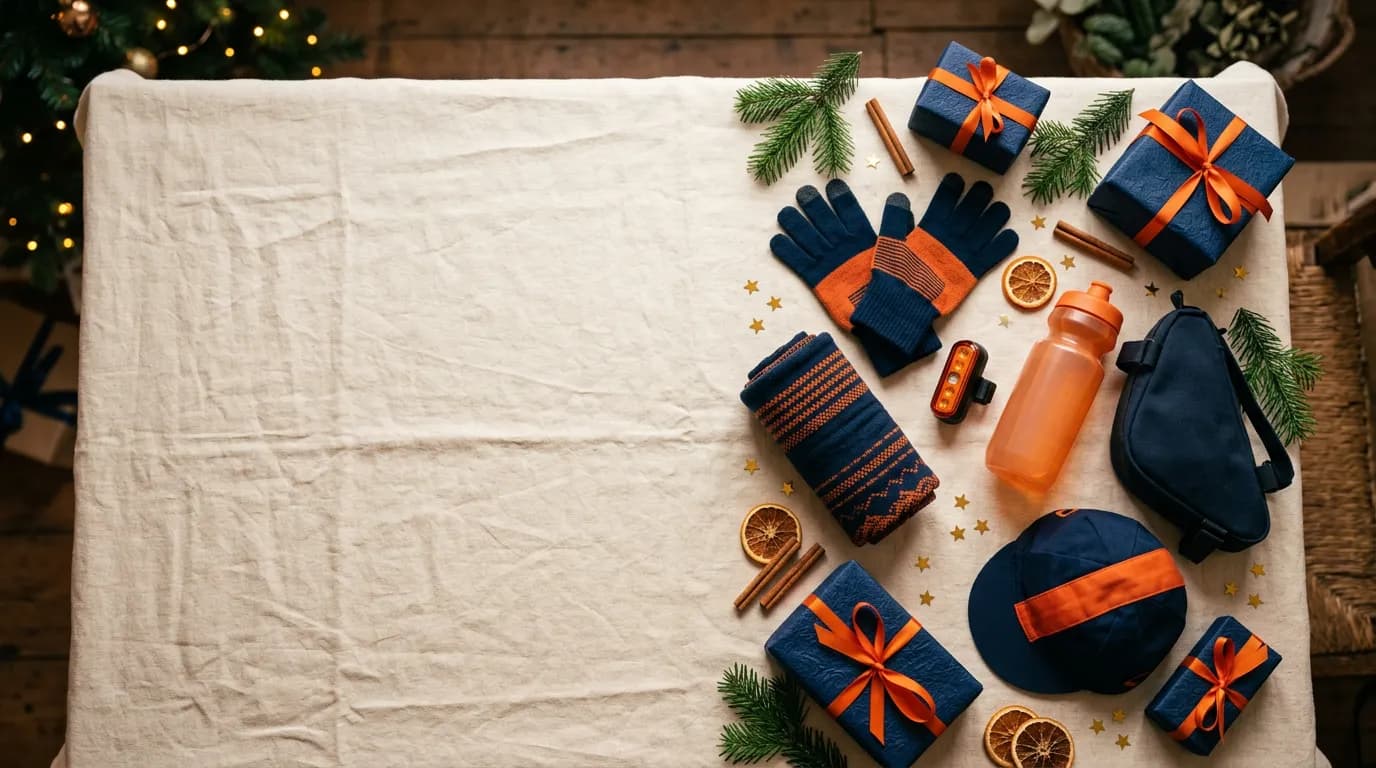 Festive flat lay of cycling gloves, a neck warmer, bike light, bottle, saddle bag and cap with navy presents tied in orange ribbon